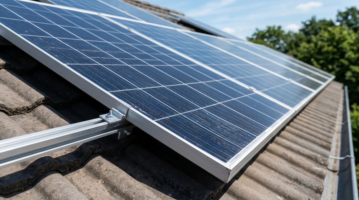Panneau solaire fixé sur un rail en aluminium au-dessus d’une toiture en tuiles, près d’Albi